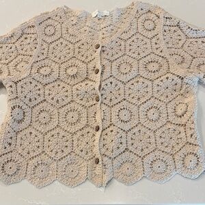 Rebellion Crochet Button-Front Short Sleeve Cardigan - Beige